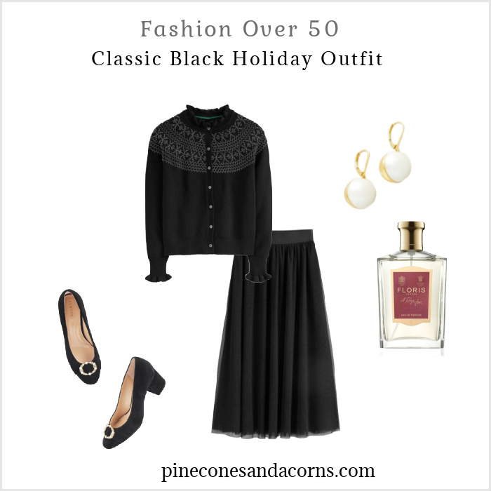 Fashion over 50 holiday outfit black skirt and embellished sweater collage.
