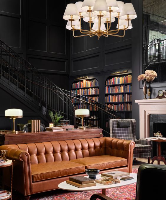 Hotel 1928 library black with leather couches. 