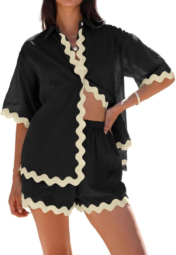 Woman wearing a black and white short set. 