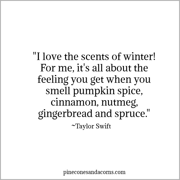 Quote Winter I love the scents of winter! For me, it's all about the feeling you get when you smell pumpkin spice, cinnamon, nutmeg, gingerbread and spruce.