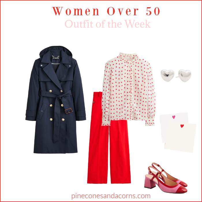 Fashion over 50 Outfit of the week, red pants, white shirt with read hearts