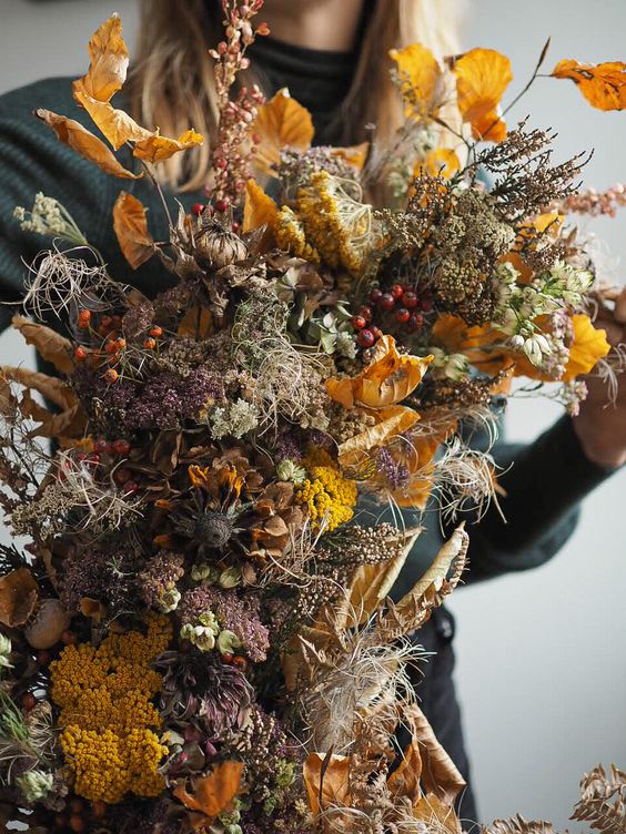 Bex Partridge Botanical Tales dried flower arrangement with Fall flowers.