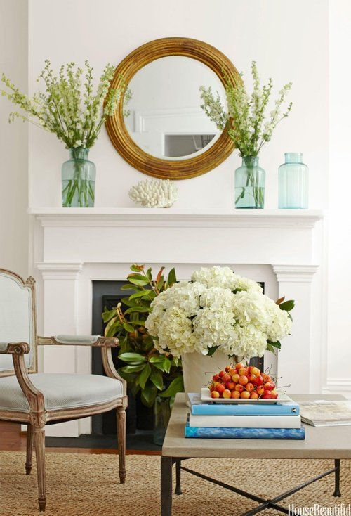 Lynn Morgan Design, white fireplace with vases of flowers.