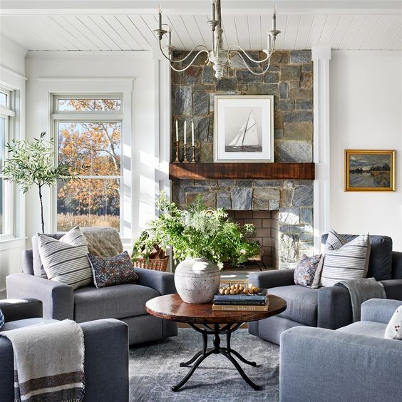 Kate Abt Design, living room with 4 blue chairs and a round table in front of a fireplace.