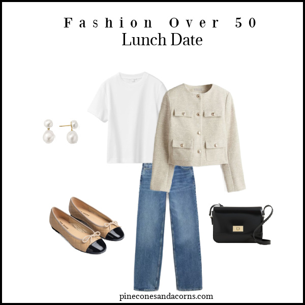 Fashion over 50 lady jacket, jeans, ballet flats, black purse, pearl earrings.