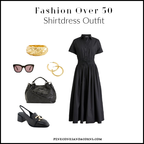 Fashion over 50 how to style a shirtdress collage with a black dress, shoes, bag and gold earrings, bracelet and a pair of black sun glasses.