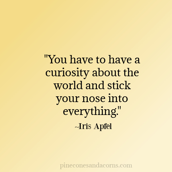 "You have to have a curiosity about the world and stick your nose into everything." Iris Apfel.