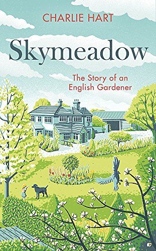 Skymeadow book cover with a house in the background and a garden in the foreground with trees, a black dog and a man. 