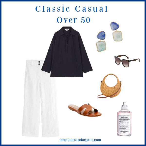 classic casual outfit over 50 fashion collage with white pants, blue linen shirt, sandals, wicker bag, blue sea glass earrings, sun glasses and perfume.