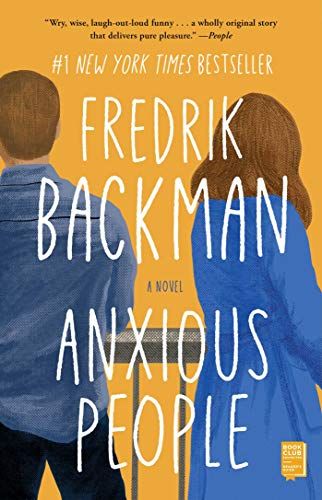 Anxious People book cover, mustard yellow with 2 people in blue shirts standing with their back towards the viewer. 