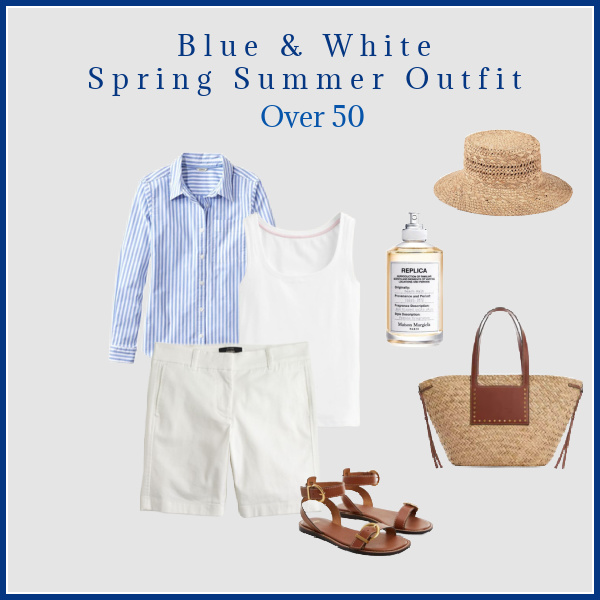 Fashion over 50 blue and white shorts and stripe shirt, sandals, bag and perfume.