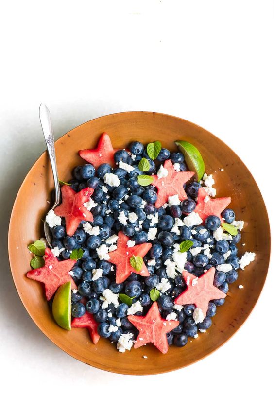 Red White and Blueberry Salad with watermelon stars and feta cheese.