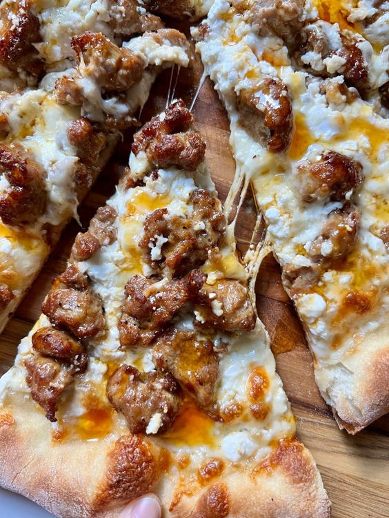 Hot Sausage Feta Honey Pizza.