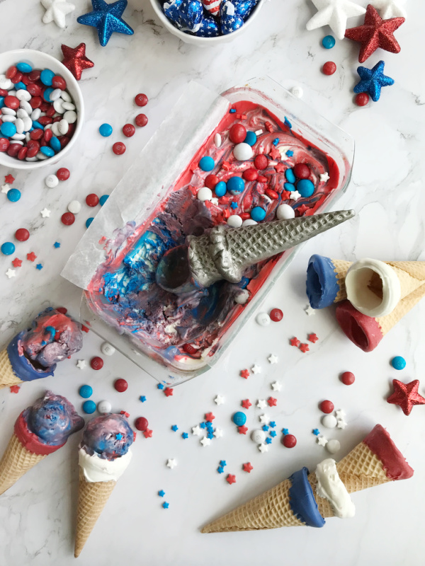 Red White Blue ice cream with red white blue dipped ice cream cones.
