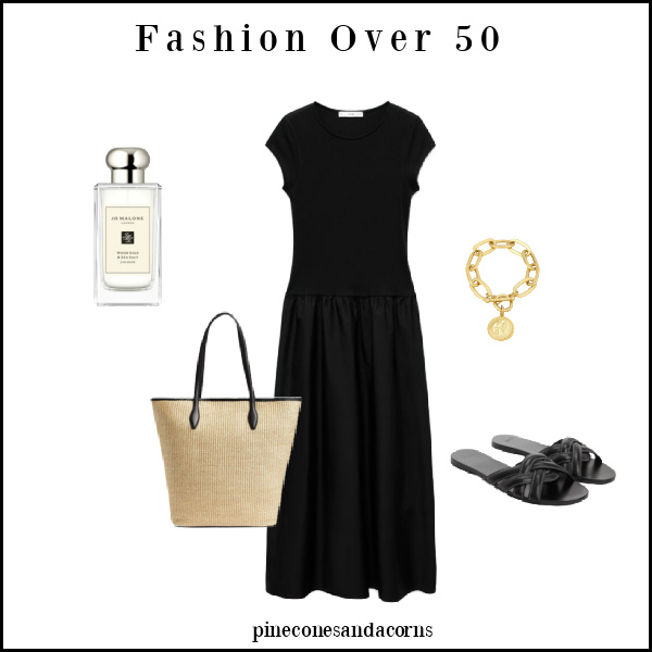 Fashion over 50 black dress, sandals, bag perfume and gold charm bracelet.