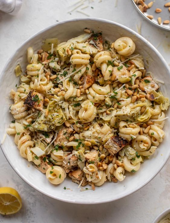 LEMON CHICKEN ARTICHOKE PASTA SALAD.