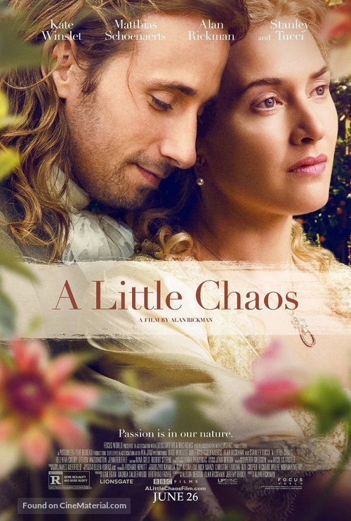 A Little Chaos movie poster with a woman and a man dressed in period French clothing. 