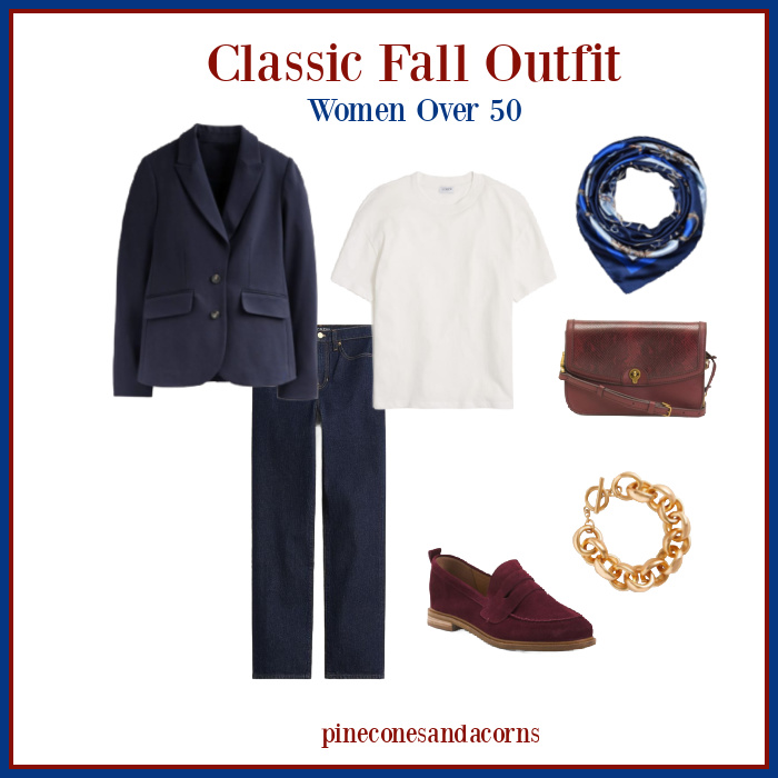 Classic Fall Outfit Blue Blazer, jeans, t-shirt and a blue scarf. 