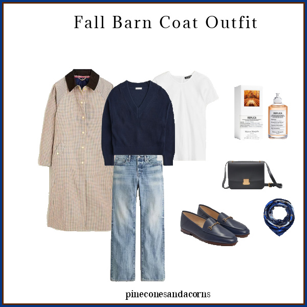 Barn Coat Outfit Fall Fashion Over 50 with a plaid barn coat, jeans, blue sweater, blue loafers with gold buckle, blue bag with gold hardware, a white t-shirt and a bottle of perfume in a white box with fall scene. 