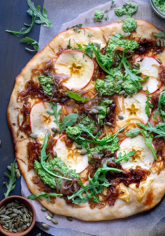 Apple Flatbread with Caramelized Onions and Arugula Pesto