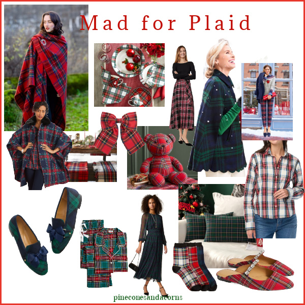 Collage of plaid clothing, shoes, tableware and more. 