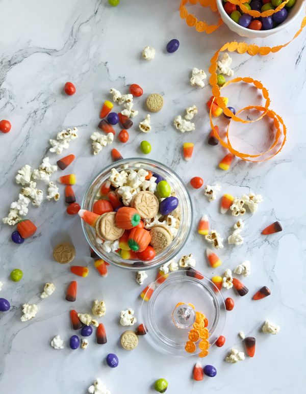 kettle corn, candy corn, and mini maple cookies in a fall snack mix 