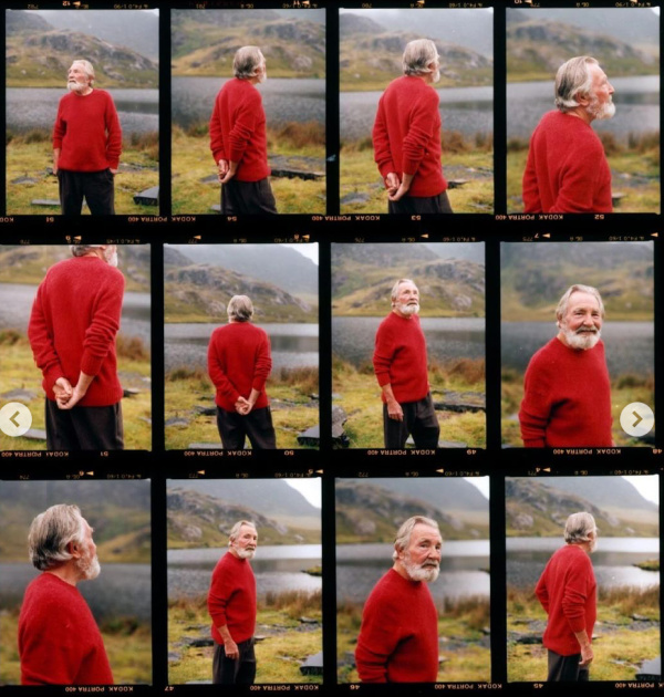 j crew ray the fisherman in a red sweater a series of photos and poses.