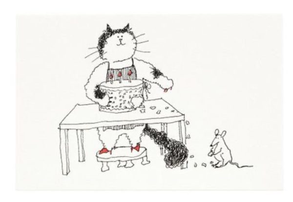 Grace Coddington card with a cat eating dinner. 