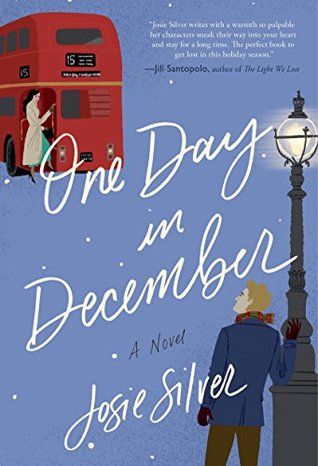 One Day in December book cover with a man standing under a streetlamp and a girl on a red bus. 