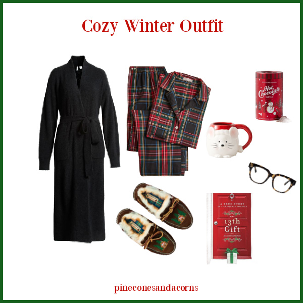 fashion over 50 cozy winter outfit with plaid pajamas and a black robe