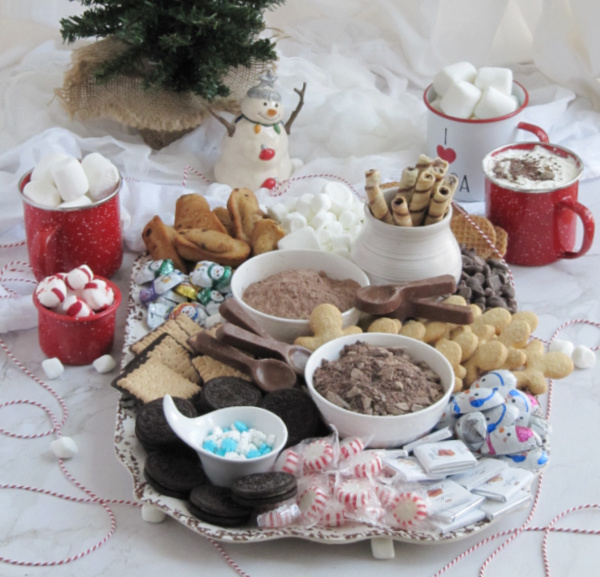 hot chocolate and hot cocoa charcuterie board with marshmallows