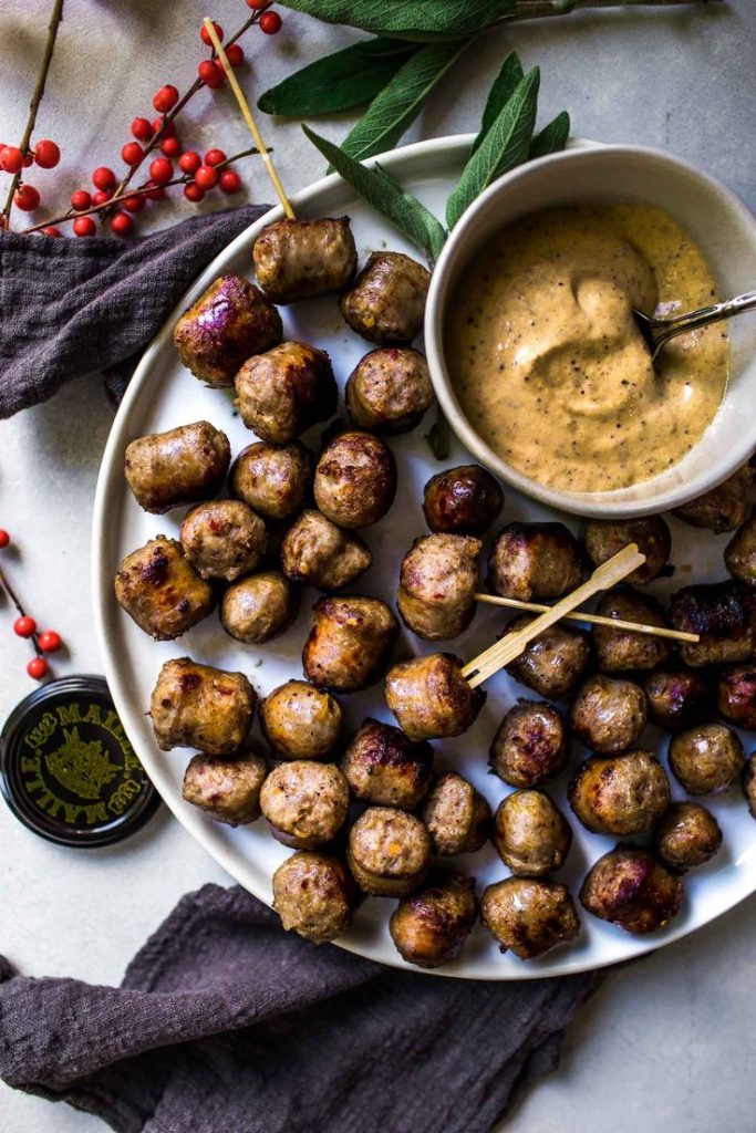 White Wine Sausage Bites with mustard dipping sauce.