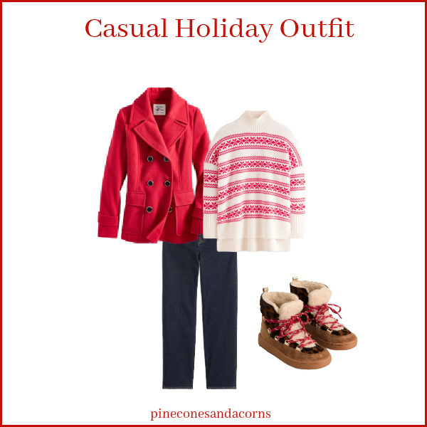 casual holiday outfit red coat, red white sweater and jeans.