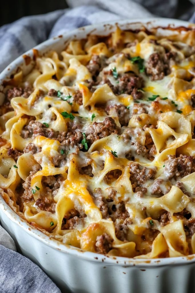 Sour cream beef noodle casserole. 
