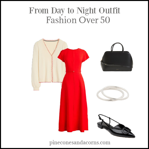 Fashion over 50 Day to Night Outfit with a red dress, white sweater with red piping, black bag and shoes. 