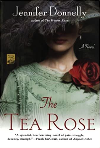 The Tea Rose book cover with a woman wearing a green dress with a red rose and a hat over her eyes.