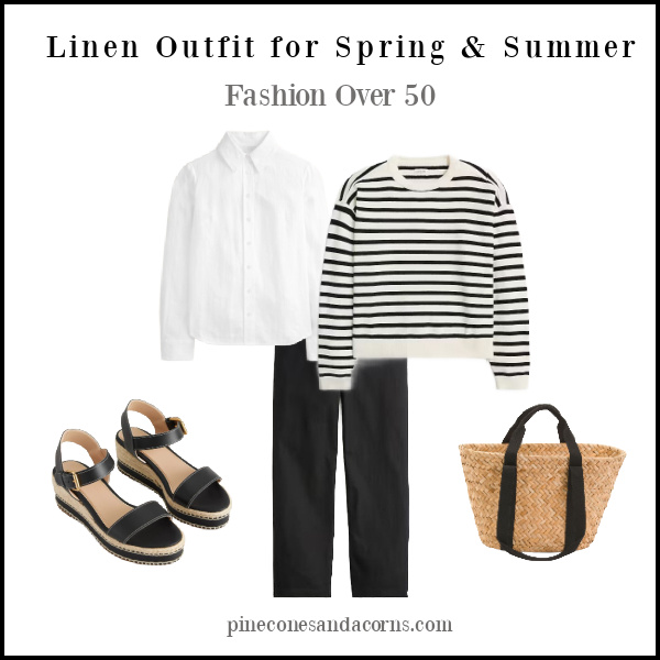 Linen Black and White Outfit with black pants, white shirt, black and white sweater, black sandals and a black and wicker bag Fashion Over 50.