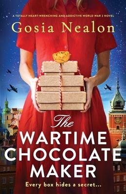 The Wartime Chocolate Maker bookcover with a woman in a red dress carrying a stack of tan boxes with red bows. 