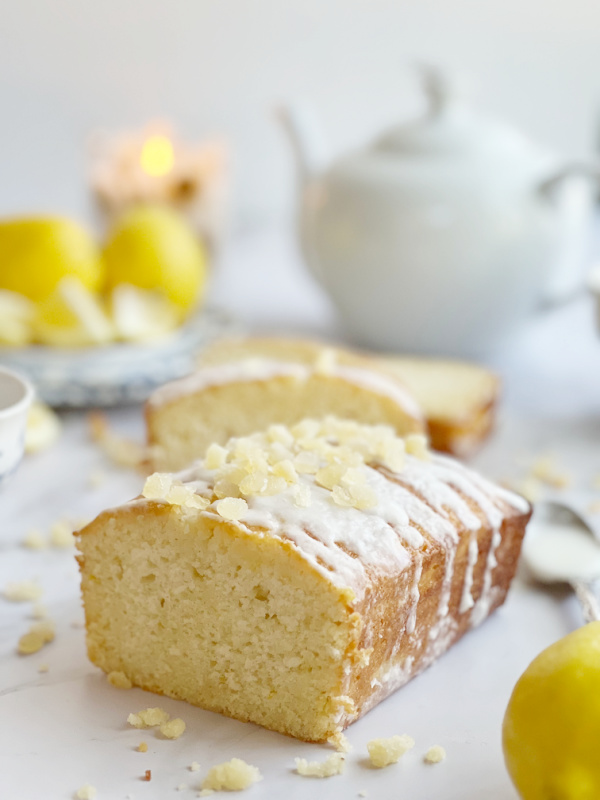 Lemon pound cake with candied fresh lemons.