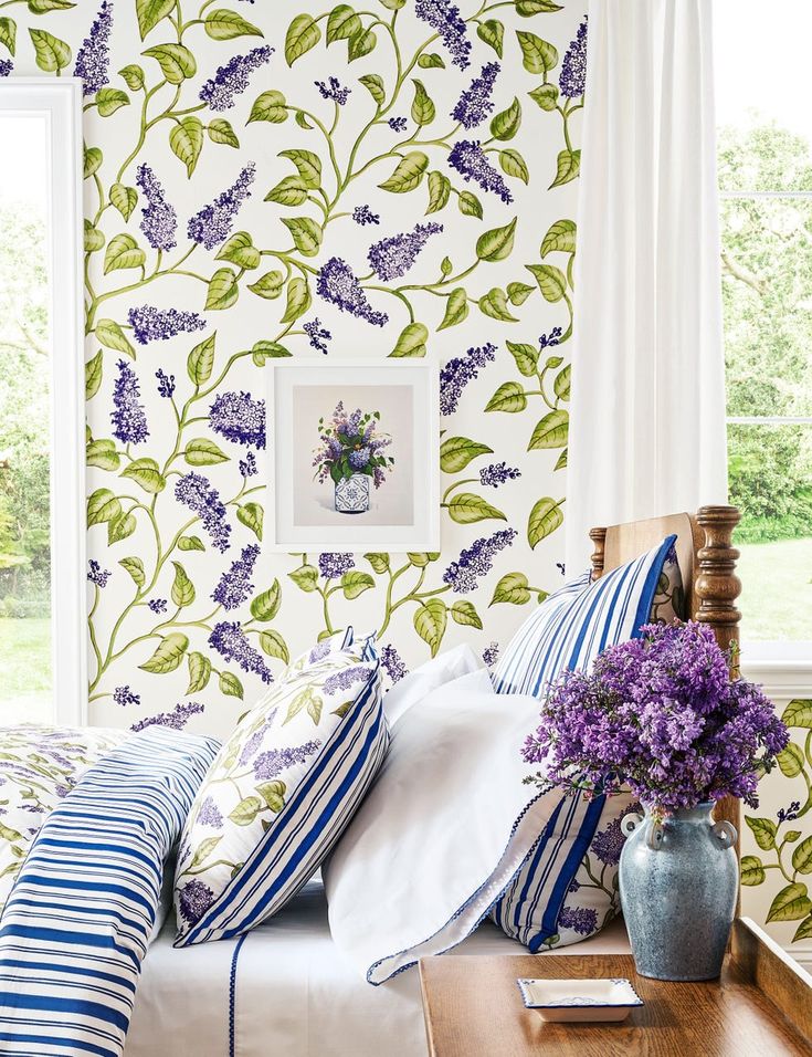 M.D Sikes pottery barn violet and green room.