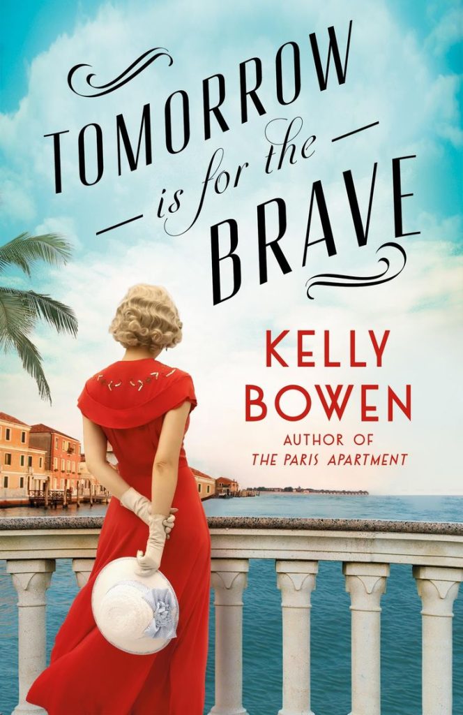 Tomorrow is for The Brave book cover. with a woman in red dress standing on a balcony overlooking the sea.