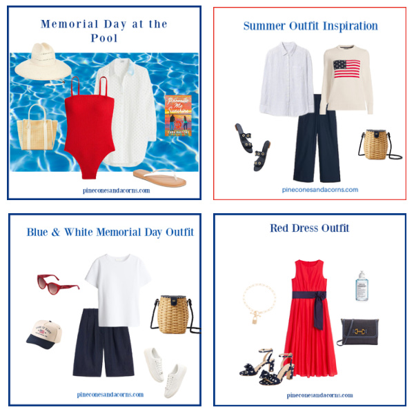 Collage of 4 red, white and blue outfits for summer. 