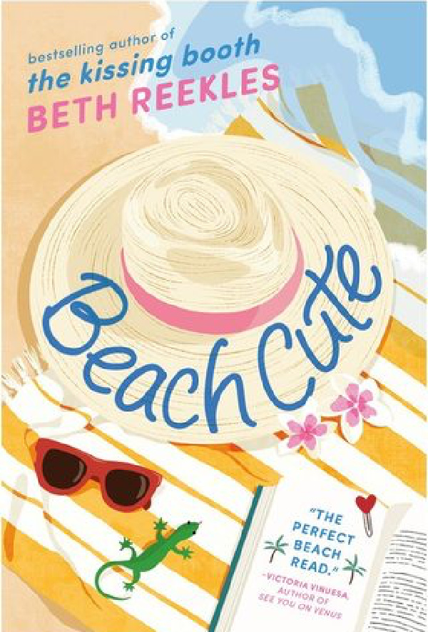 Beach cute book cover with a beach hat, sunglasses sitting on a yellow and white stripe blanket. 
