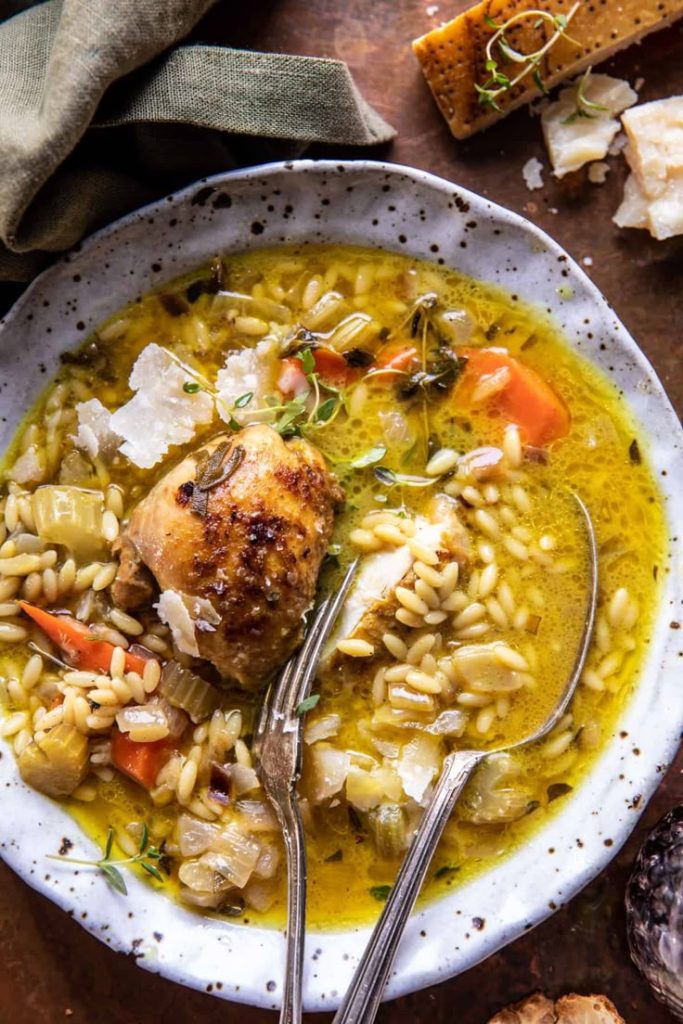 Roasted herb chicken orzo in a bowl.
