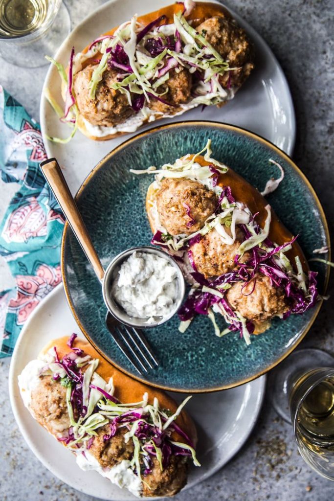 CHICKEN SHAWARMA MEATBALL SUBS WITH ZA’ATAR SLAW.