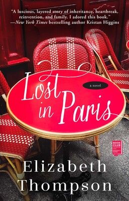 Books Set in France Lost in Paris book cover with 2 red cafe chairs and a table.