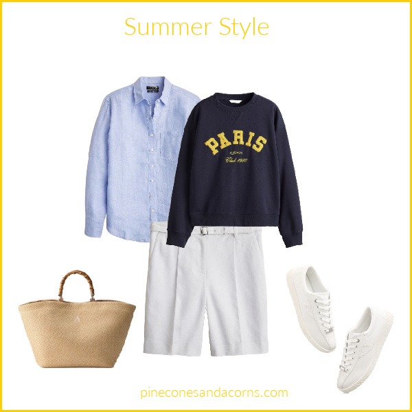 Summer Style Fashion over 50, white shorts, blue shirt, Paris sweatshirt, wicker tote and a pair of white tennis shoes..