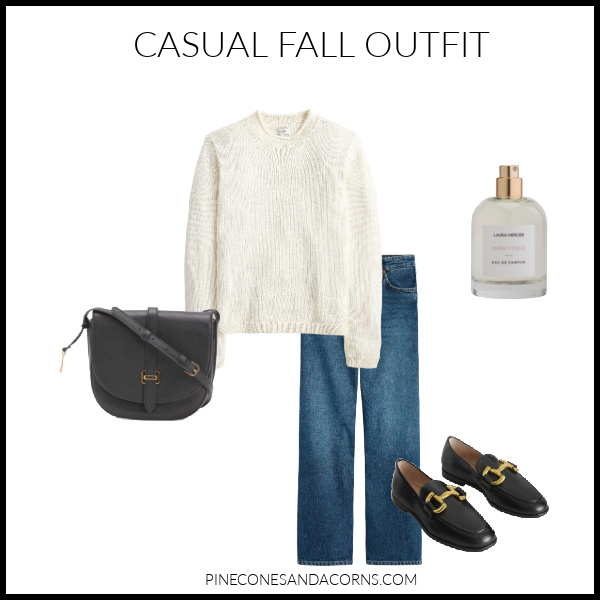 FALL OUTFIT FASHION OVER 50 WHITE SWEATER AND JEANS.