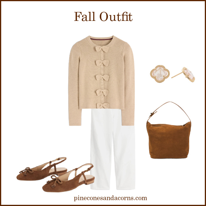 Tan sweater, white pants, brown sling back sandals and bag, gold earrings.