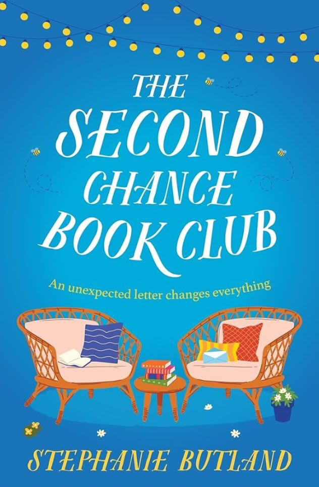 second chance book club book cover or 2 chairs piled with books. 